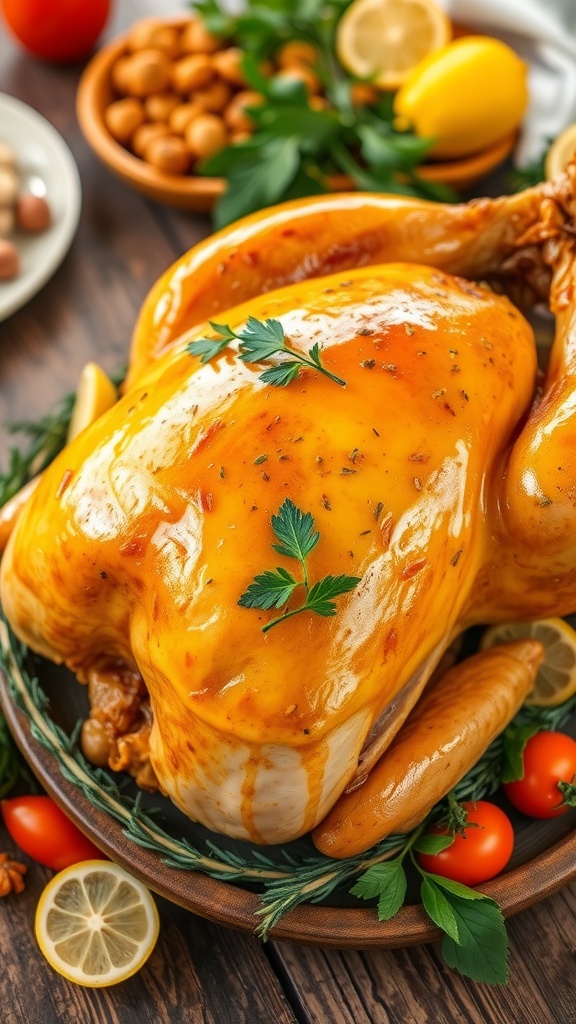 A spiced turkey with turmeric and ginger glaze, garnished with herbs and lemon, on a rustic dining table.